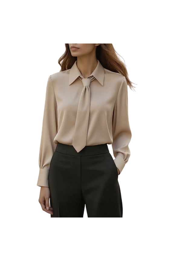 Womens Shirts Dressy Lightweight Long Sleeve Work Blouses Loose Lapel Office Business Casual Tops with Tie