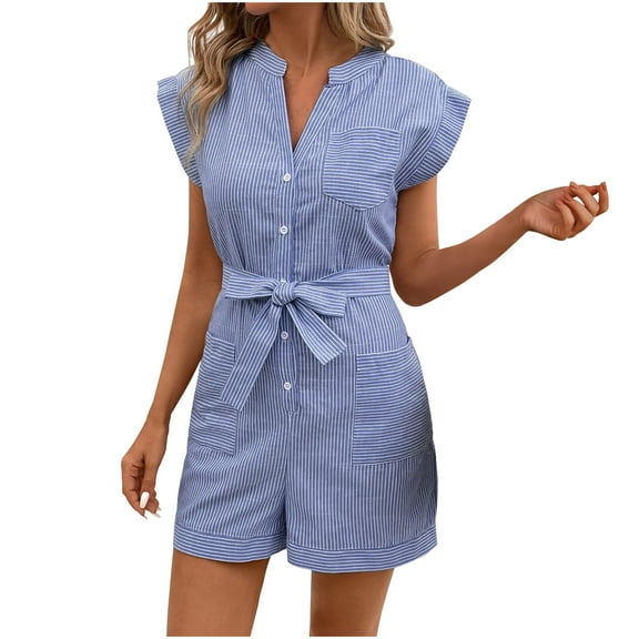 biudgviw Womens Short Jumpsuits V Neck Cap Sleeve Striped Rompers Tie Knot Waist Button down Summer Beach Vacation Outfits with Pocket