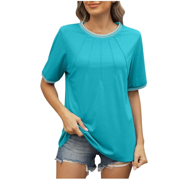 biudgviw Womens Short Sleeve Tops Dressy Casual Tunic Blouse Pleated Round Neck Loose Fit Tee Shirts Spring Summer Clothes