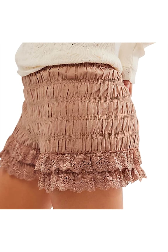 Womens Smocked Bloomer Shorts Mid-Rise Lace Frill Ruffle Hem Pj Bottoms Lounge Comfy Mini Shorts Cute Pettipants