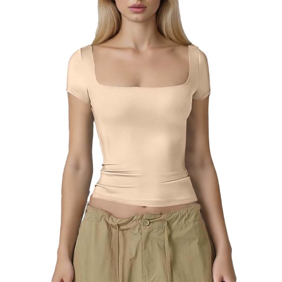 biudgviw Womens Square Neck T Shirts Short Sleeve Summer Basic Tees Casual Slim Fit Going Out Crop Tops Fashion Clothing