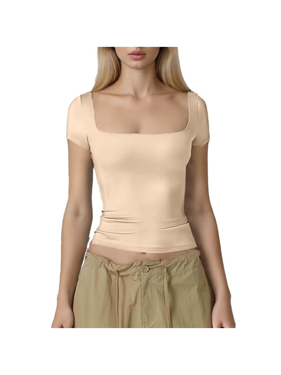 Womens Square Neck T Shirts Short Sleeve Summer Basic Tees Casual Slim Fit Going Out Crop Tops Fashion Clothing
