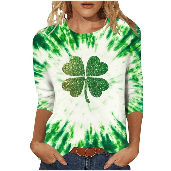 biudgviw Womens St Patrick's Day Shirts Printed Graphic Tees Fashion Casual Tie Dye Crewneck 3/4 Sleeve Tops Festival Outfits