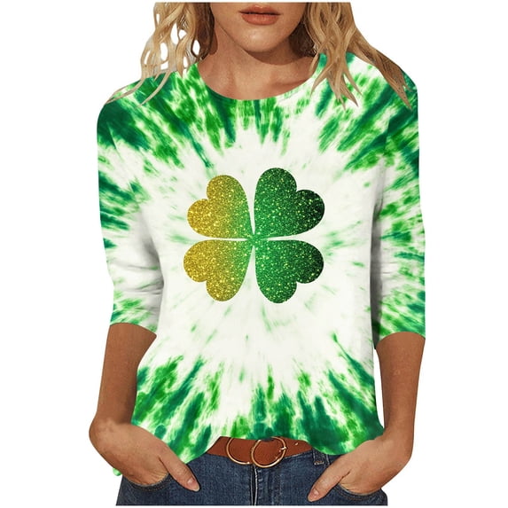 biudgviw Womens St Patrick's Day Shirts Printed Graphic Tees Fashion Casual Tie Dye Crewneck 3/4 Sleeve Tops Festival Outfits