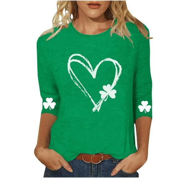 biudgviw Womens St Patrick's Day Shirts Printed Round Neck Graphic Tee Tops Oversized Casual 3/4 Sleeve Tunic Blouse for Festival
