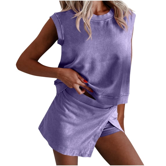 biudgviw Womens Summer 2 Piece Lounge Sets Soft Cotton Sleeveless Tank Tops with Split Front Skorts Shorts Workout Sets Travel Outfits