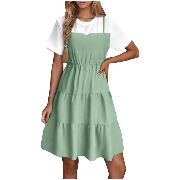 biudgviw Womens Summer Casual Dresses 2 in 1 Tiered Mini Dress Soft Crewneck Smocked A Line Sun Dress with Spaghetti Straps