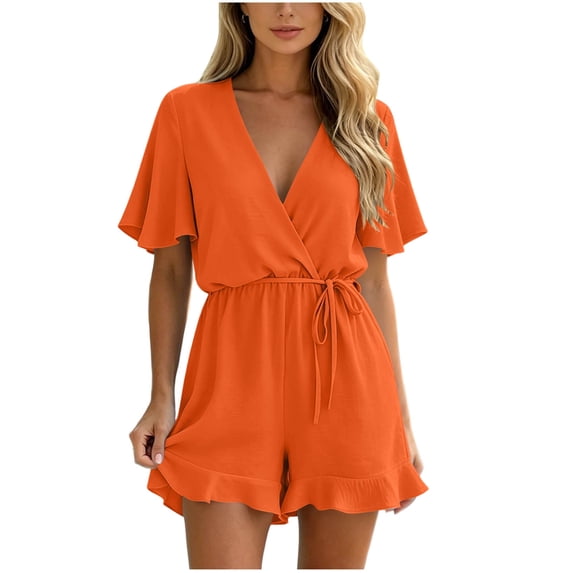 biudgviw Womens Summer Rompers Short Sleeve V Neck Jumpsuits Drawstring Casual Ruffle Hem Shorts Beach Vacation Outfits