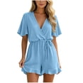 thumbnail image 1 of biudgviw Womens Summer Rompers Short Sleeve V Neck Jumpsuits Drawstring Casual Ruffle Hem Shorts Beach Vacation Outfits, 1 of 7