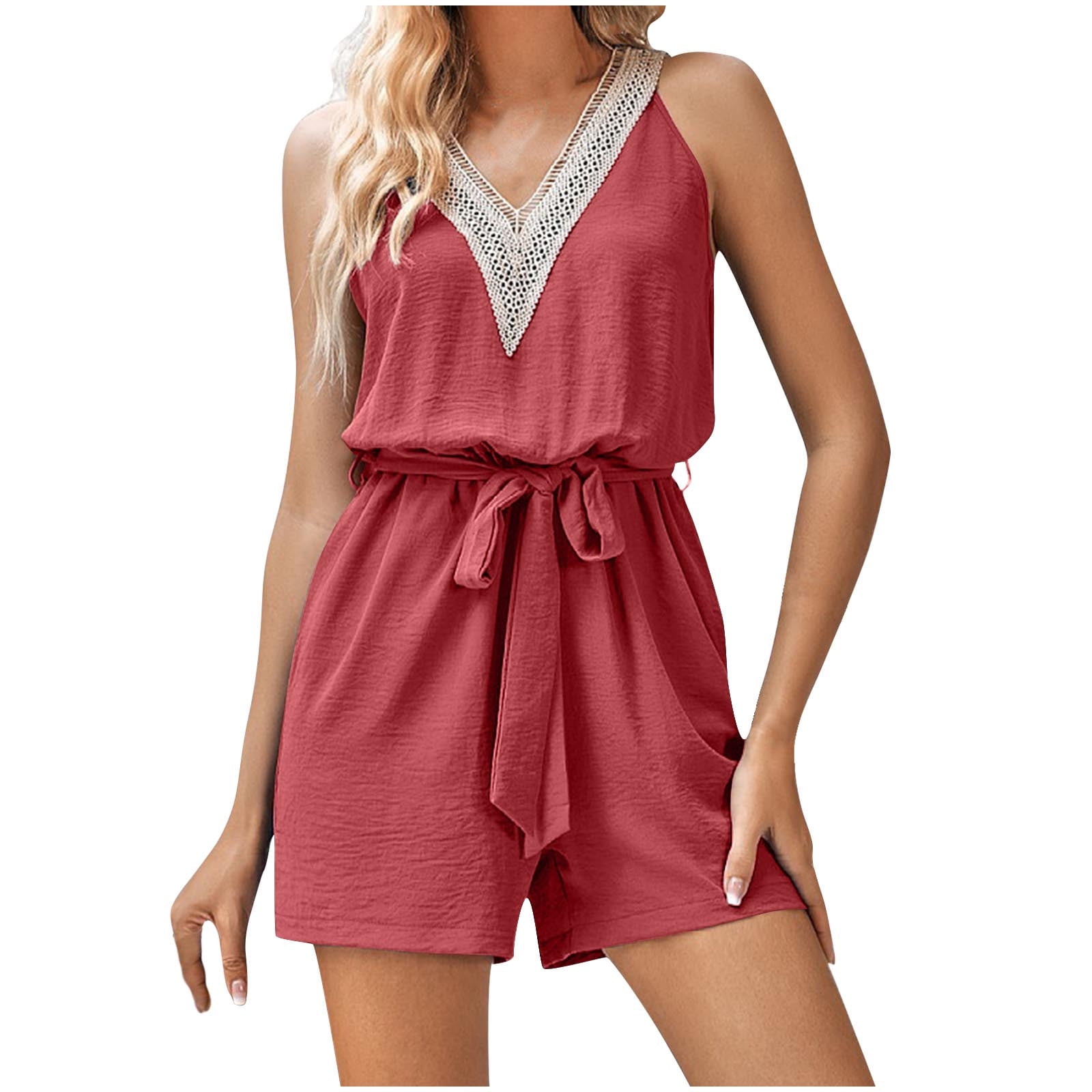 Women’s Short Button Front Jumpsuit – V-Neck Patchwork Romper