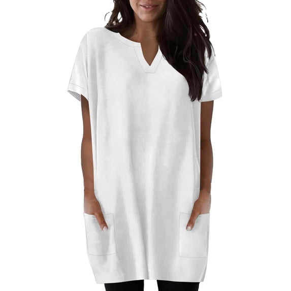 biudgviw Womens Summer Tunic Tops Short Sleeve Casual Long T Shirts Comfy V Neck Loose Fit Basic Tees with Pockets Spring Outfits