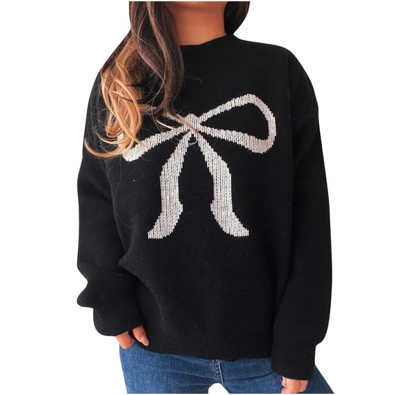 biudgviw Womens Sweaters Loose Bow Knot Crew Neck Knitted Pullover Tops Fall Winter Casual Long Sleeve Pullover Sweaters