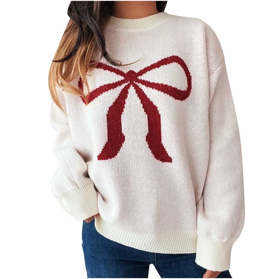 biudgviw Womens Sweaters Loose Bow Knot Crew Neck Knitted Pullover Tops Fall Winter Casual Long Sleeve Pullover Sweaters