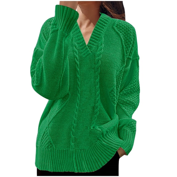 biudgviw Womens Sweaters Oversized V Neck Cable Knit Pullover Sweaters Casual Loose Fit Long Sleeve Tops Winter Clothing