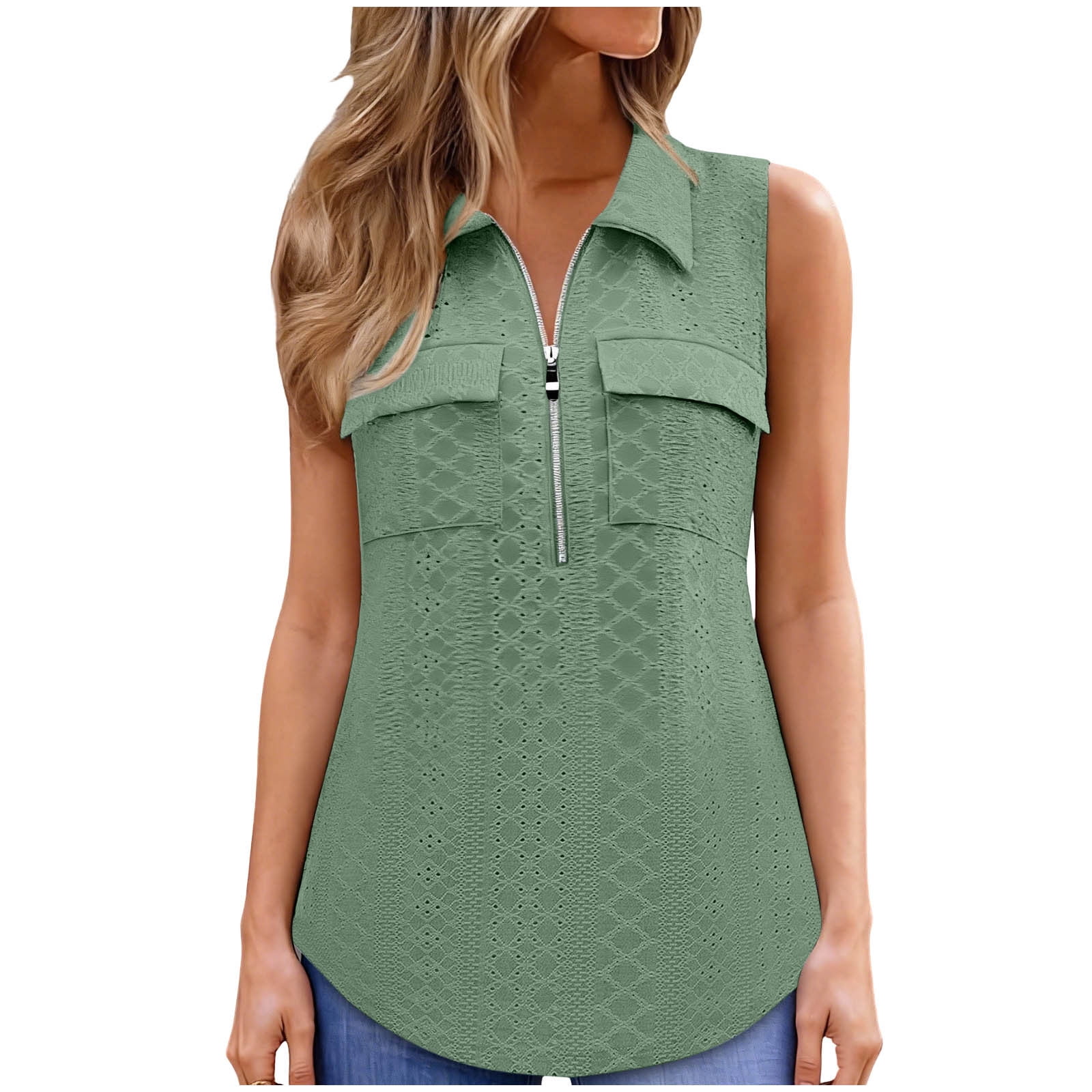 Womens Tank Tops V Neck Sleeveless T Shirt Curved Hem Casual Quarter Zip Blouses with Pockets Beach Vacation Clothes