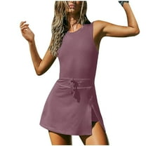 biudgviw Womens Tennis Dress Crew Neck Sleeveless Backless Athletic Rompers with Build-in Shorts Drawstring Waist Workout Golf Outfits