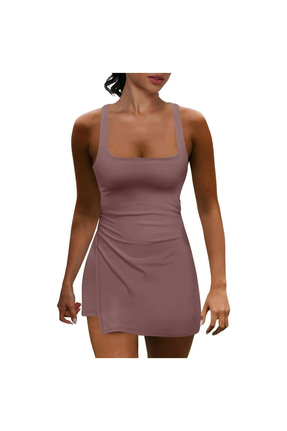 Womens Tennis Dress Sporty Build-in Shorts Side Slit Gym Rompers Dresses Athletic Golf Outdoor Sleeveless Dresses Outfits