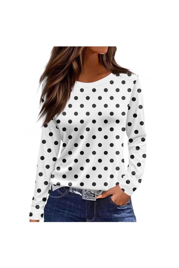Womens Tops Casual Polka Dots Print Long Sleeve Tees Lightweight Comfy Side Split Crew Neck Shirts Fashion Clothes