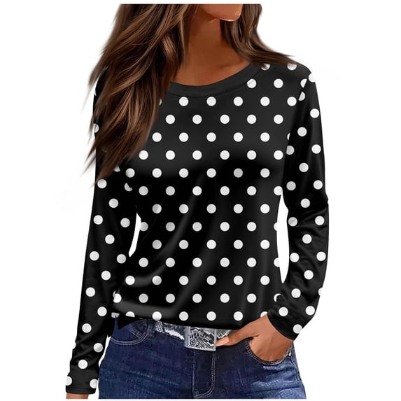 biudgviw Womens Tops Casual Polka Dots Print Long Sleeve Tees Lightweight Comfy Side Split Crew Neck Shirts Fashion Clothes