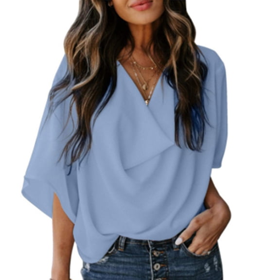biudgviw Womens Tops Cowl Neck Chiffon 3/4 Sleeve Casual Shirts Loose Fit Solid Color Trendy Fall Tunic Blouses