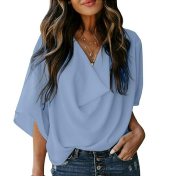 biudgviw Womens Tops Cowl Neck Chiffon 3/4 Sleeve Casual Shirts Loose Fit Solid Color Trendy Fall Tunic Blouses