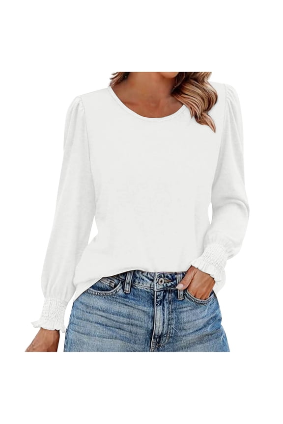 Womens Tops Dressy Casual Long Sleeve Shirts Loose Pleated Crew Neck Blouses with Smocked Cuffs for Fall Work Office Outfits