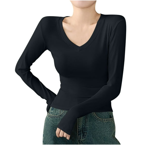 biudgviw Womens Tops Long Sleeve V Neck Casual Undershirts Slim Fit Stretch Soft Baselayer T Shirts Basic Trendy Fall Outfits