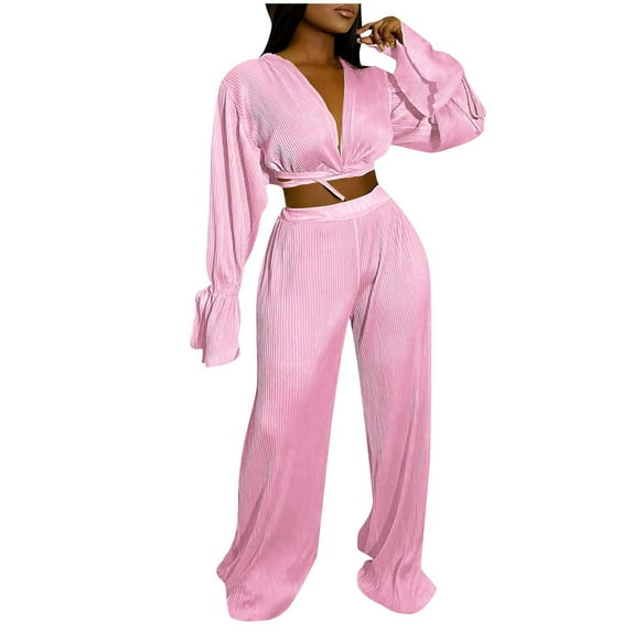 biudgviw Womens Tracksuit Sets 2 Piece Baggy Long Sleeve Deep V Neck Cropped Tops Comfy Wide Leg Long Pants Casual Outfits
