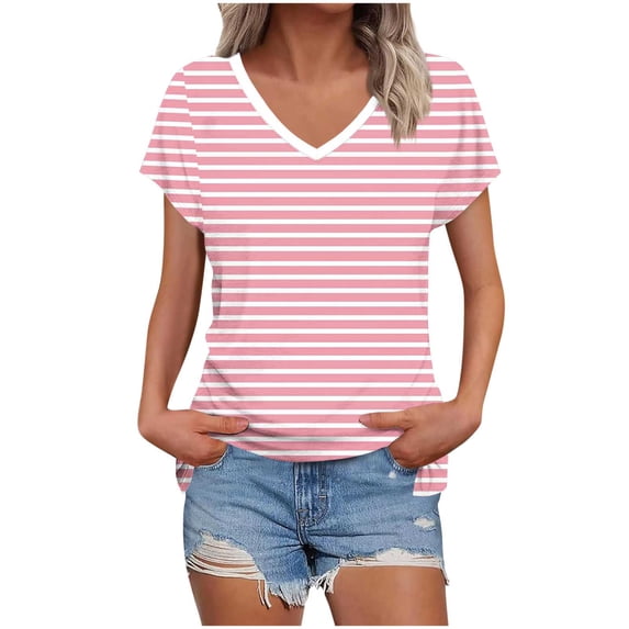 biudgviw Womens V Neck T Shirts Striped Short Sleeve Tunic Tops Comfortable Casual Loose Summer Tees Fashion Clothing