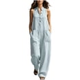 thumbnail image 1 of biudgviw Womens Wide Leg Jumpsuits Fashion Striped Henley Jumpsuits Button Casual Sleeveless Long Rompers with Pockets, 1 of 7