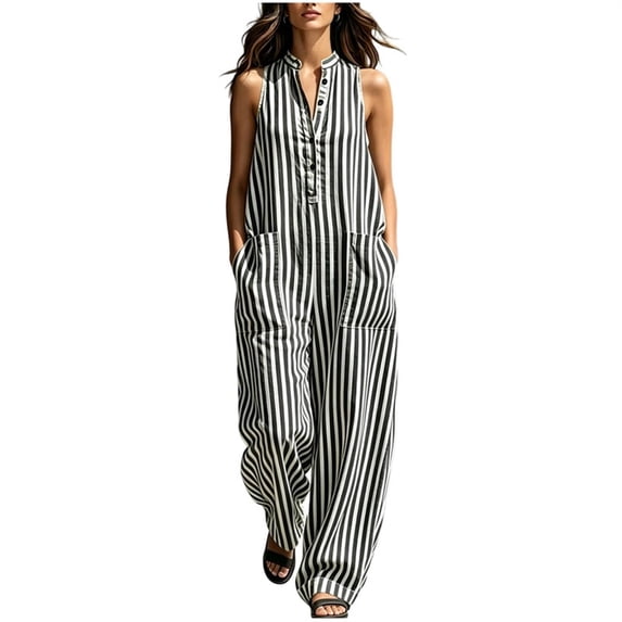 biudgviw Womens Wide Leg Jumpsuits Fashion Striped Henley Jumpsuits Button Casual Sleeveless Long Rompers with Pockets
