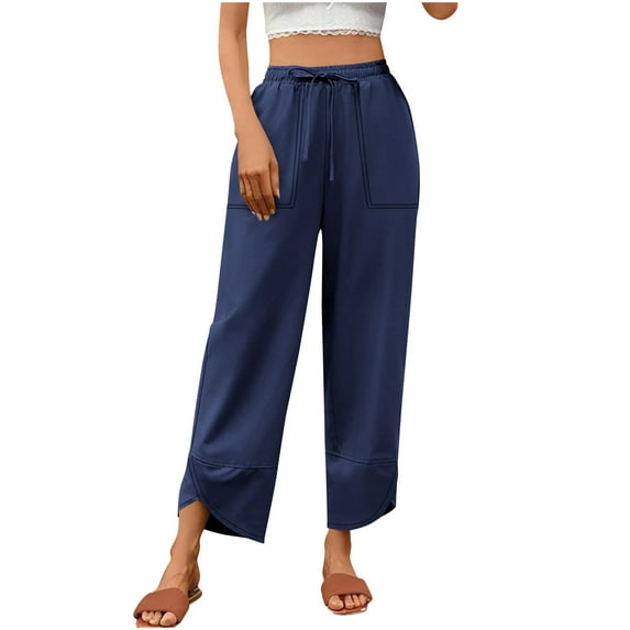 biudgviw Womens Wide Leg Pants Side Split Drawstring Elastic Waist Baggy Linen Pants Casual Beach Vacation Cropped Pants with Pockets