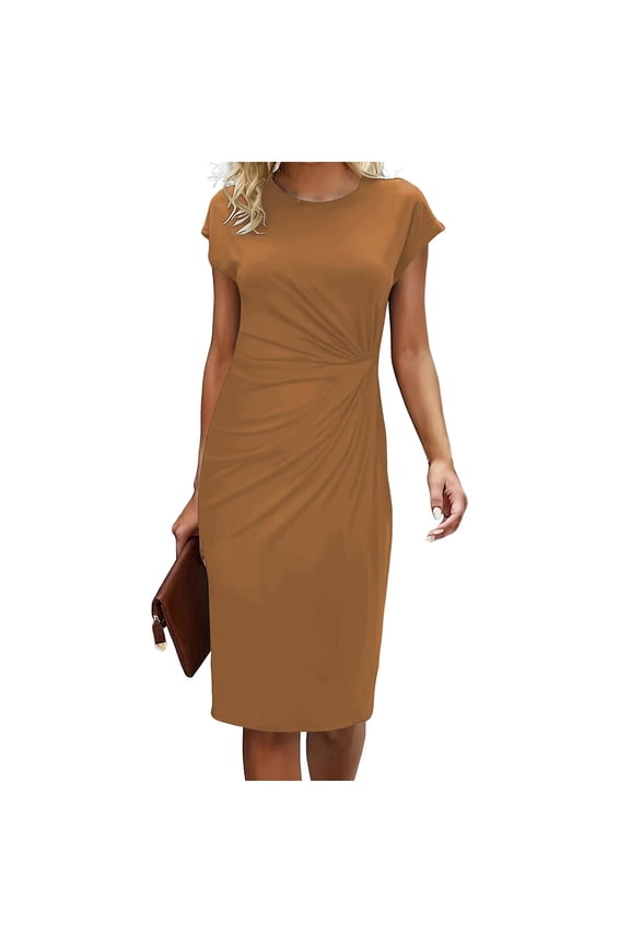 Womens Work Dresses Elegant Cap Sleeve Knee Length Dress Business Casual Crewneck Bodycon Semi Formal Dress Office Outfits