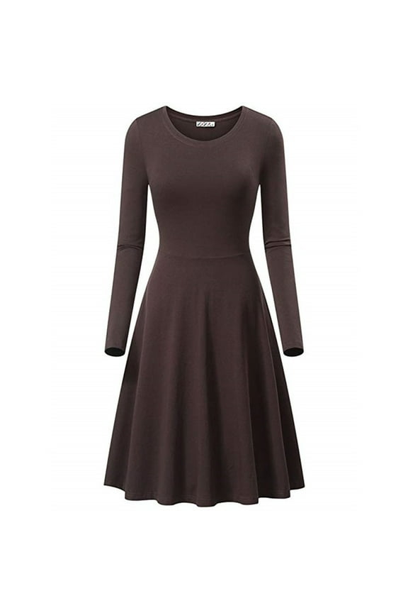 Work Dresses for Women Fall Lounge Crewneck Long Sleeve A-Line Dress Casual Pleated Solid Color Office Midi Dress