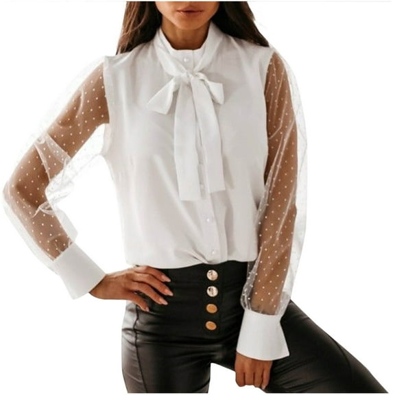 biudgviw Work Shirts for Women High Neck Tie Knot Business Casual Tops Mesh Long Sleeve Elegant Blouses Fall Clothes