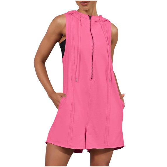 biudgviw Workout Rompers for Women V Neck Sleeveless Tennis Hooded Jumpsuits Athletic Sweat Outfits with Pockets