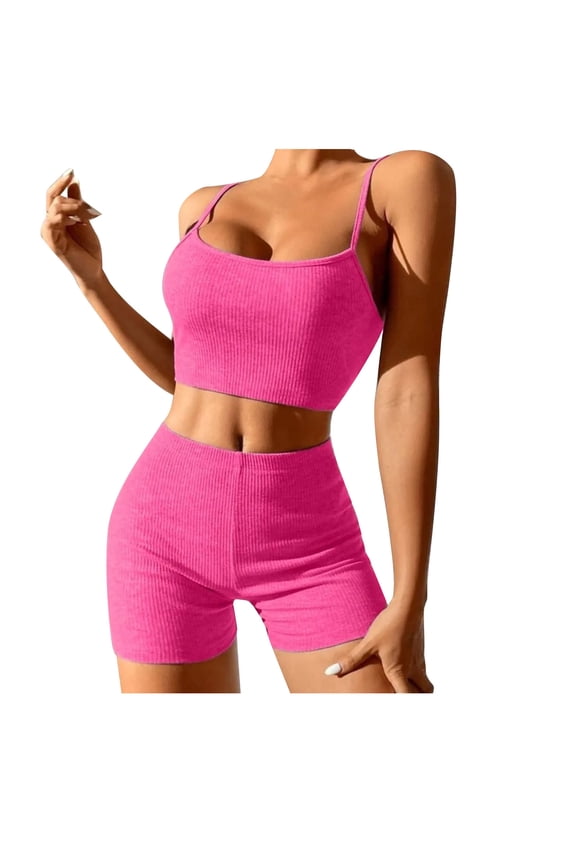 Workout Sets for Women Sleeveless Ribbed Knit Basic Camisole Athletic Biker Legging 2 Piece Yoga Outfits