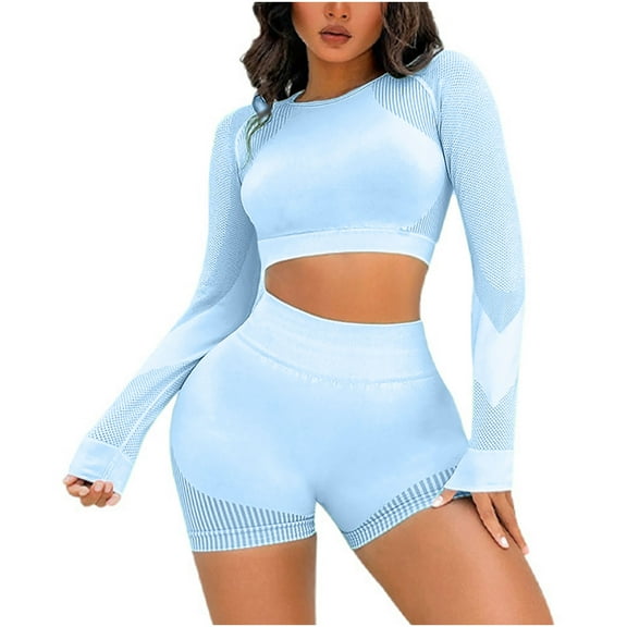 biudgviw Workout Sets for Women Slim Long Sleeve Crop Tops Seamless Yoga Biker Shorts 2 Piece Sport Outfits Tracksuit