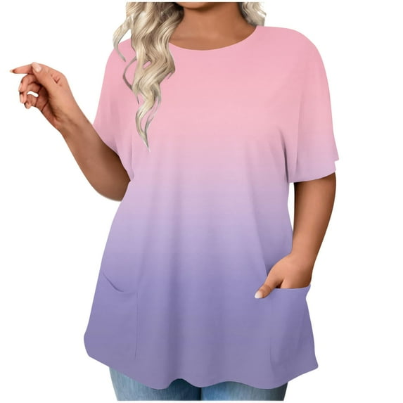 biudgviw Workout Tops for Women Crew Neck Short Sleeves Shirts Plus Size Gradient Color Tee with Pocket Casual Flowy Tunic Blouses
