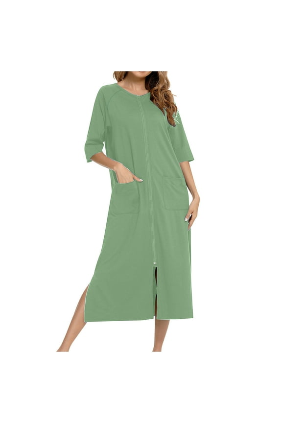Zip Up Robes for Women 3/4 Sleeve Housecoats Side Split Long Bathrobe Lightweight Soft Nightgown with Pockets S-XXL