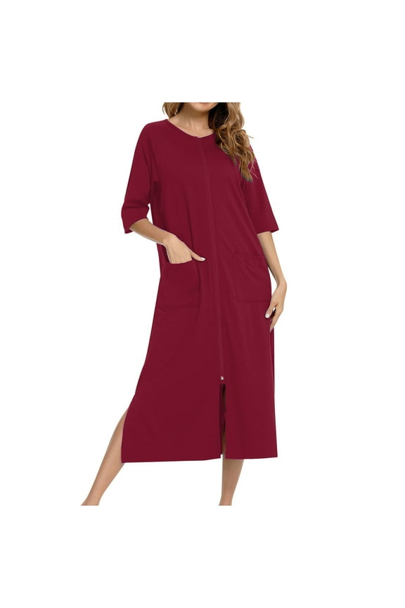 Zip Up Robes for Women 3/4 Sleeve Housecoats Side Split Long Bathrobe Lightweight Soft Nightgown with Pockets S-XXL