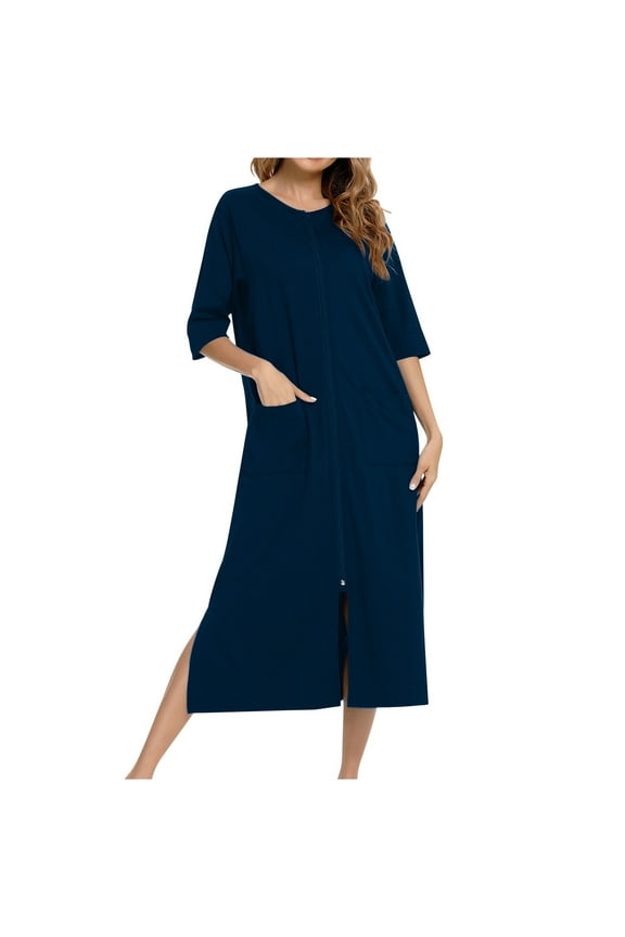 Zip Up Robes for Women 3/4 Sleeve Housecoats Side Split Long Bathrobe Lightweight Soft Nightgown with Pockets S-XXL