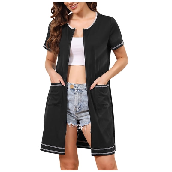 biudgviw Zip Up Robes for Women Short Sleeve Bathrobes Color Block Casual Zipper Housecoats Lightweight Soft Nightgown with Pockets