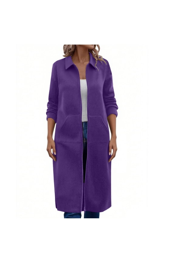 Zip Up Sweatshirt for Women Side Split Long Sleeve Lapel Jacket Coat Loose Casual Warm Long Outwear with Pockets