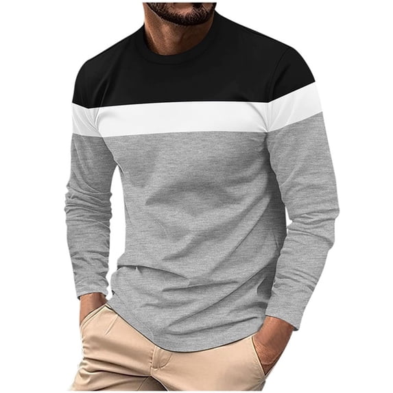 biudgviw Shirts for Men Slim Soft Long Sleeve Color Block Pullover Tops Casual Fall Round Neck Basic T-Shirts