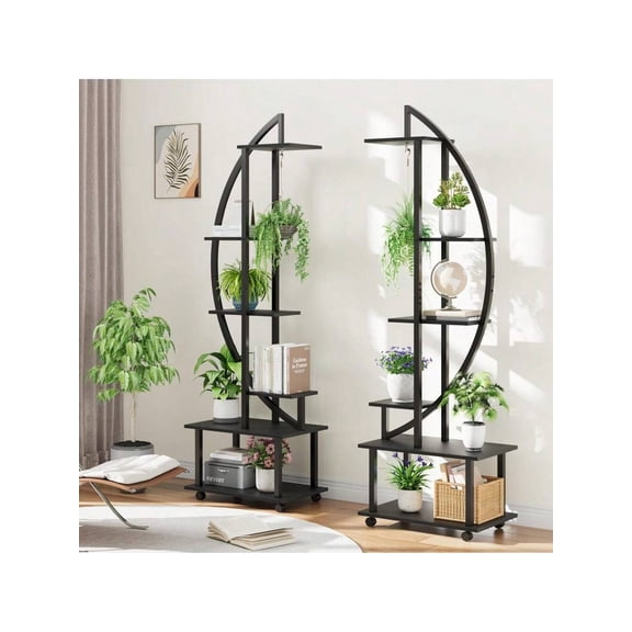 black- 6-Tier 69.2'' Tall Half Moon Plant Stand With Drawers, Metal Indoor Plant Shelf Rack For Multiple Plants, Sturdy Tiered Circle Display Holder