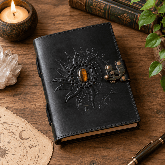 black Leather Sun And Moon Stone 8x6 Inch Unlined Blank Journal Notebook Diary