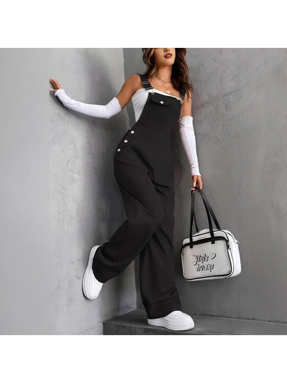black Loose Wide-Leg Overalls Cargo Pants for Women, Adjustable Shoulder Straps Casual Jumpsuit with Functional Pockets