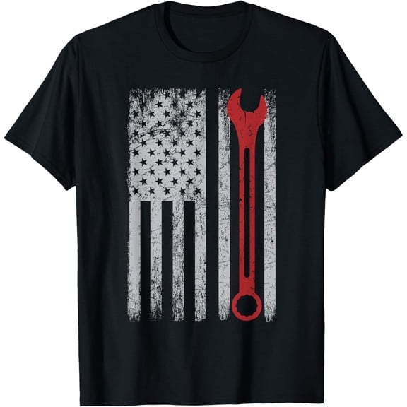 black Shirt Auto Repairman Car Mechanic Wrench Workshop Tools USA Flag T-Shirt