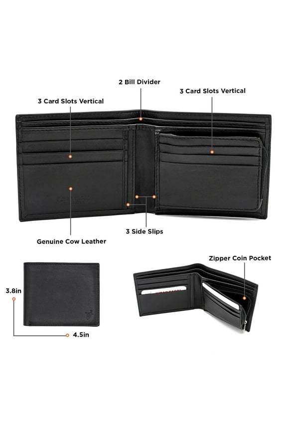 black bi-fold wallet hidden zip coin pouch hipster calf leather 53-26 w gift box